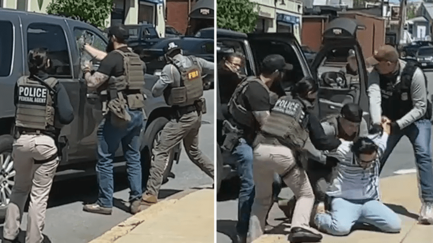 Stills from video showing federal agents breaking an SUV window and detaining a man who was inside in Chelsea, Massachusetts, on Sunday, May 11, 2025.