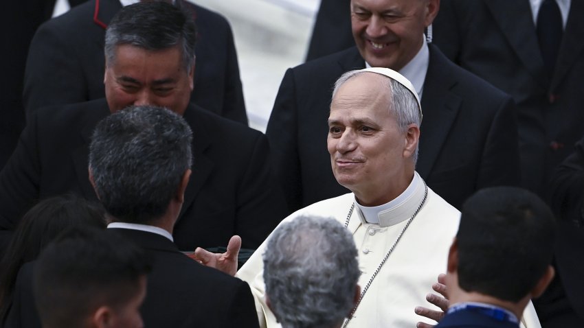VATICAN CITY, VATICAN, MAY 12: Pope Leo XIV attends an audience to media representatives in the Paul VI hall at the Vatican, on May 12, 2025. (Photo by isabella Bonotto/Anadolu via Getty Images)