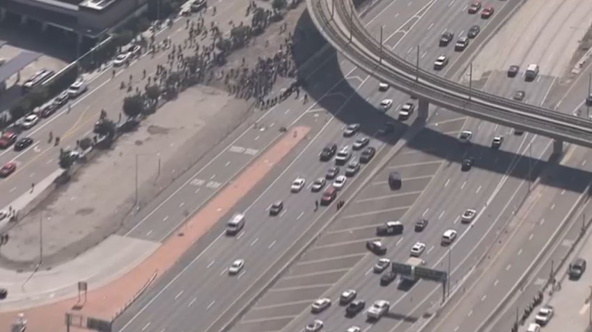 Traffic at a standstill on the 101 Freeway in downtown LA Tuesday June 10, 2025.