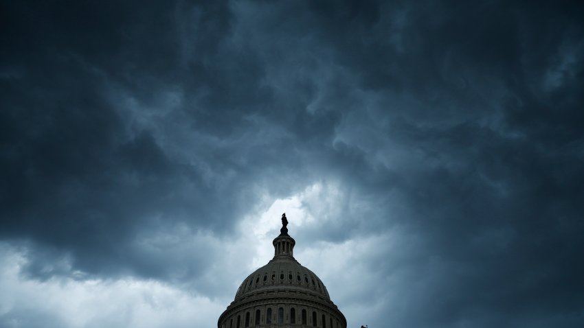 WASHINGTON, DC – JULY 25: Thunderstorm clouds roll over the U.S. Capitol on July 25, 2022 in Washington, DC. The storms prevented many members of Congress from returning to the capital on Monday, forcing the Senate to postpone a procedural vote on the so-called CHIPS+ Act, which would give $39 billion to subsidize the construction of semiconductor factories in the U.S. and $11 billion for research and development initiatives into microprocessor innovation. (Photo by Chip Somodevilla/Getty Images)