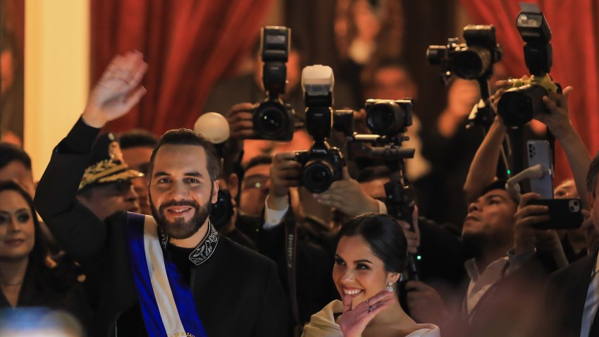 SAN SALVADOR, EL SALVADOR – JUNE 1: President Nayib Bukele of El Salvador and his wife, Gabriela Bukele, greet supporters after a message to the citizens for the 6 years of Bukele’s government at the National Theatre in the Historic Center on June 1, 2025 in San Salvador, El Salvador. (Photo by Alex Peña/Getty Images)