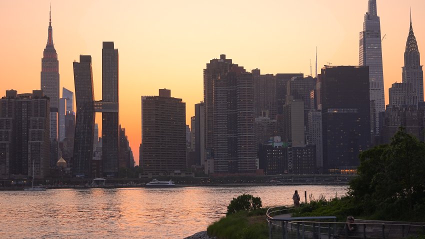 NEW YORK, UNITED STATES – JUNE 04: Midtown Manhattan is seen at sunset from Long Island City, Queens, New York City, United States on June 4, 2025. (Photo by Selcuk Acar/Anadolu via Getty Images)
