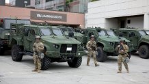 Los Angeles, CA. June 8, 2025 National Guard are stationed at the Metropolitan Detention Center, MDC, in Los Angeles on Sunday, June 8, 2025. (Jason Armond/Los Angeles Times via Getty Images)