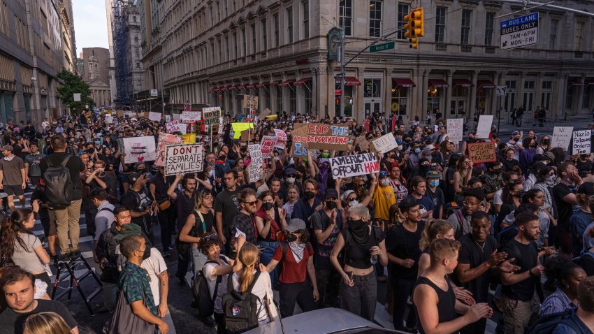 NEW YORK, NEW YORK – JUNE 10: People march during a protest against deportations and ICE on June 10, 2025 in New York City. Federal agents are arresting immigrants during mandatory check-ins, as ICE ramps up enforcement following immigration court hearings. The Trump istration has ordered officials to increase detentions to 3,000 migrants per day. (Photo by Adam Gray/Getty Images)