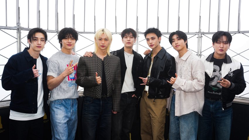 NEW YORK, NEW YORK – JUNE 16: (L-R) Bang Chan, I.N, Felix, Seungmin, Hyunjin, Han and Changbin of STRAY KIDS light the Empire State Building in partnership with Musicians on Call to celebrate the healing power of music on June 16, 2025 in New York City.  (Photo by John Nacion/Getty Images for Empire State Realty Trust)