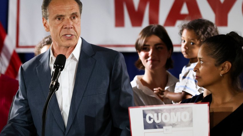 Andrew Cuomo, New York City mayoral candidate, left, speaks during a campaign event at the Carpenters Union Hall in New York, US, on Monday, June 23, 2025. New Yorkers will head to the polls Tuesday to choose a Democratic candidate for mayor as a sweltering heat wave engulfs the city, and with tightened security in place after the US unleashed airstrikes on Iran. Photographer: Heather Khalifa/Bloomberg via Getty Images