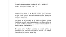 Imagen tomada de la red social X, de la cuenta oficial de la Fundación Santa Fe de Bogotá (@FSFB_Salud), que muestra el comunicado oficial sobre el estado de salud del senador y precandidato presidencial colombiano Miguel Uribe Turbay. Turbay, herido con un disparo en la cabeza en un atentado el pasado sábado, muestra "indicios de mejoría neurológica", según el nuevo parte médico divulgado este miércoles. EFE/ @FSFB_Salud