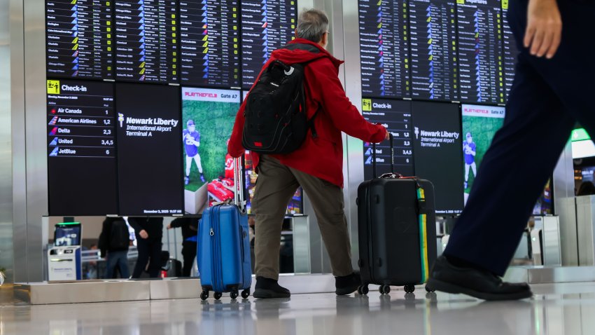 Travelers in terminal A at Newark Liberty International Airport (EWR) in Newark, New Jersey, US, on Monday, Nov. 3, 2025. The Federal Aviation Administration issued a temporary ground stop for some flights to Newark Liberty International Airport on Sunday due to staffing, according to an advisory. Photographer: Michael Nagle/Bloomberg via Getty Images