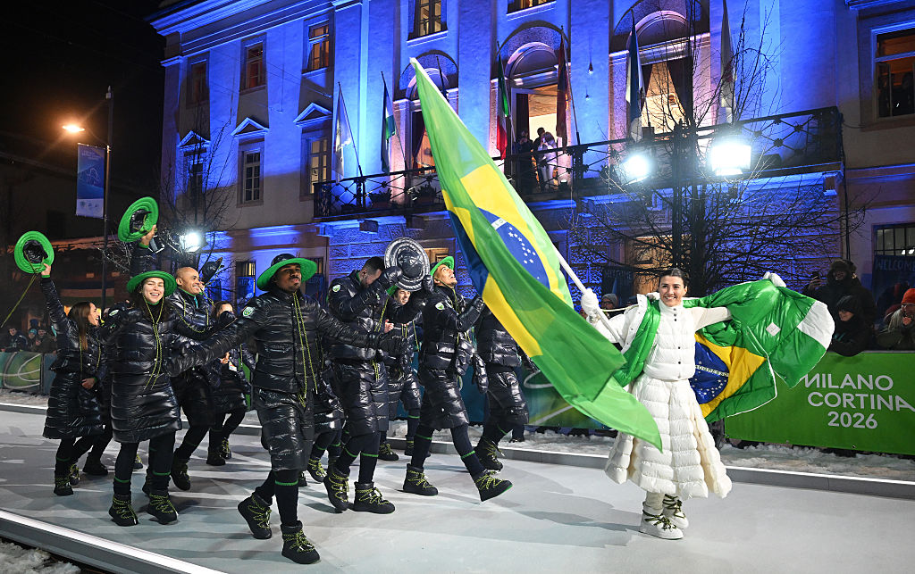 06 February 2026, Italy, Cortina D'ampezzo: Olympia, Olympic Winter Games Milan Cortina 2026, opening ceremony in Cortina d'Ampezzo, the team from Brazil takes part in the opening ceremony. Photo: Robert Michael/dpa (Photo by Robert Michael/picture alliance via Getty Images)