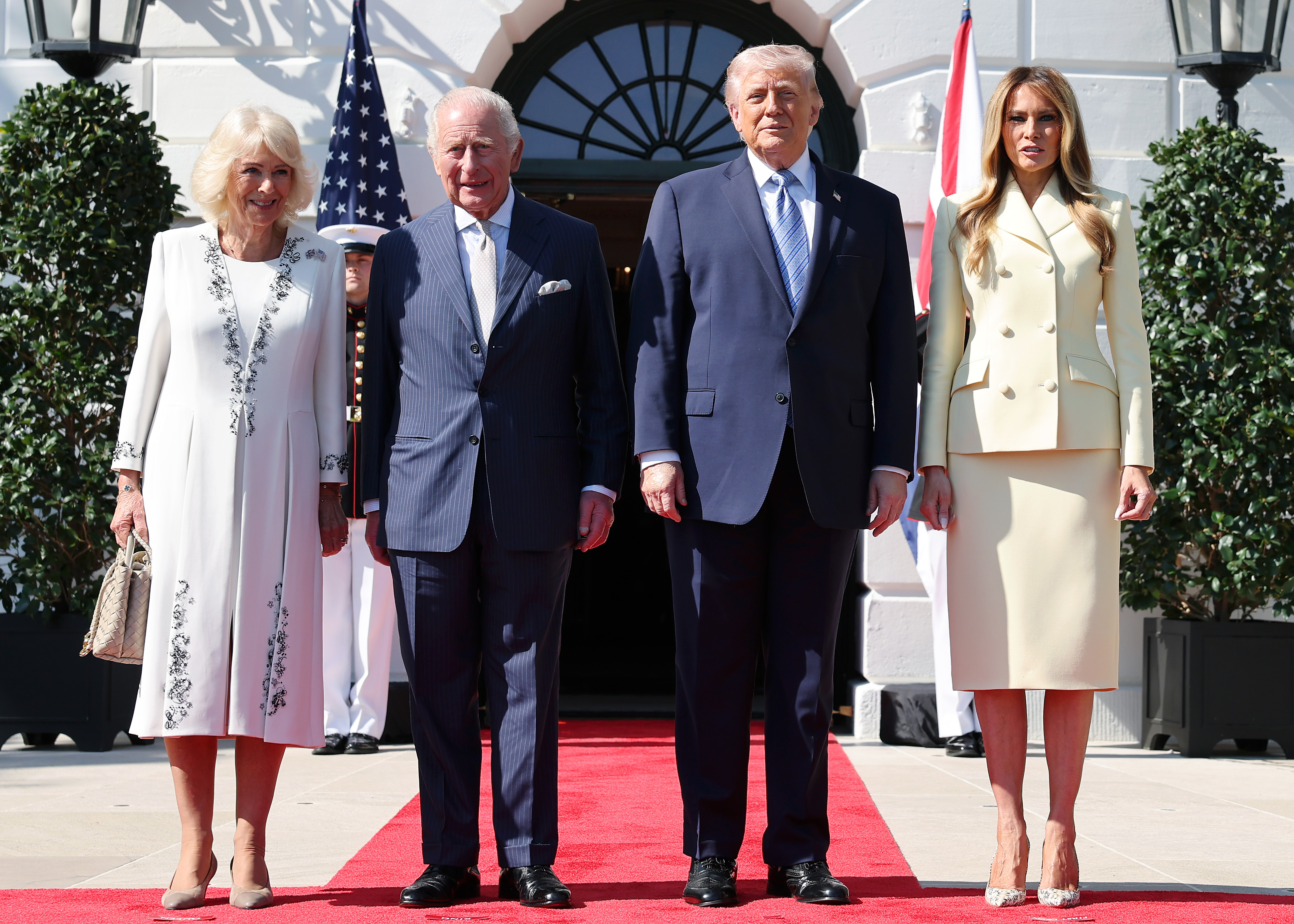 WASHINGTON, DC – APRIL 27: Queen Camilla, King Charles III, U.S. President Donald Trump and First Lady Melania Trump on day one of the State Visit of King Charles III and Queen Camilla to the United States of America, on April 27, 2026 in Washington, DC. King Charles III and Queen Camilla will visit the nation’s capital, New York City, and Virginia during the trip arranged to celebrate the United States of America’s 250th anniversary of its independence. (Photo by Chris Jackson/Getty Images)
