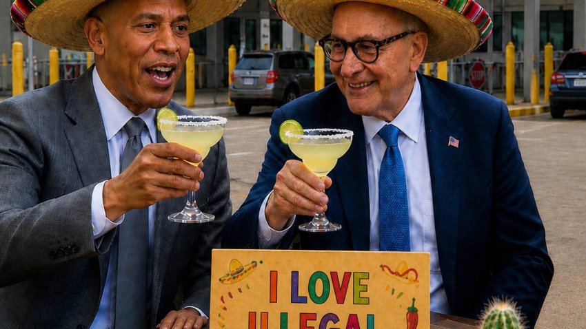 AME9465. WASHINGTON (ESTADOS UNIDOS), 05/05/2026.- Imagen tomada de la cuenta en X @WhiteHouse de la Casa Blanca de los líderes demócratas en el Congreso, Hakeem Jeffries (i) y Chuck Schumer, generada con inteligencia artificial (IA) en la que ambos aparecen con grandes sombreros jaranos celebrando la efeméride del Cinco de Mayo junto a un cartel que reza "amo a los inmigrantes ilegales". EFE/ @WhiteHouse /SOLO USO EDITORIAL/NO VENTAS/ SOLO DISPONIBLE PARA ILUSTRAR LA NOTICIA QUE ACOMPAÑA (CRÉDITO OBLIGATORIO)