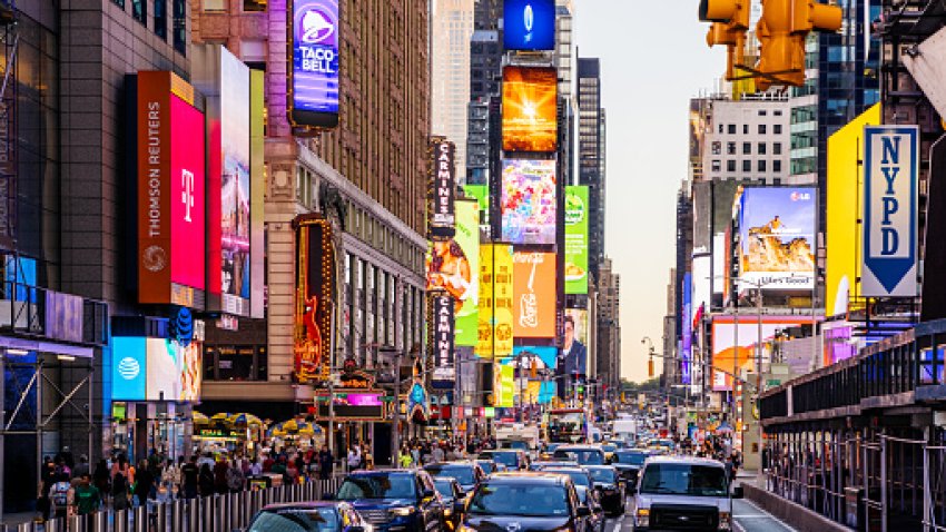 Times Square and 7th Avenue with heavy traffic illuminated at dusk, New York City, USA
