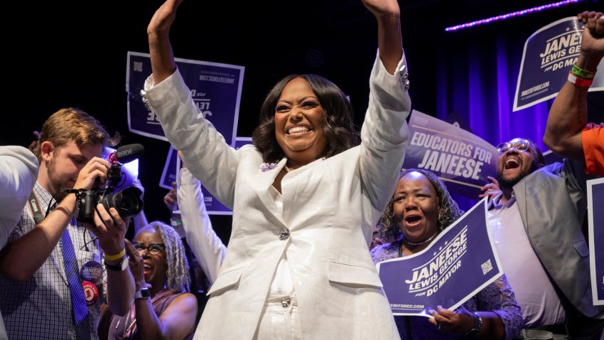 WASHINGTON,DC – JUNE 16: Mayoral candidate Janeese Lewis George celebrates her early lead at her election night party at the Howard Theatre on June 16,2026 in Washington, DC. Lewis George has curried favor amongst the local unions and younger voters.(Photo by Maxine Wallace/The Washington Post via Getty Images)