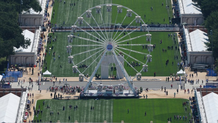 WASHINGTON, DC – JUNE 25: An aerial view of a Ferris wheel on the National Mall on the first day of the “Great American State Fair” on June 25, 2026 in Washington, DC. The Freedom 250-backed Great American State Fair celebrating the 250th anniversary of the United States runs through July 10th. (Photo by Win McNamee/Getty Images)