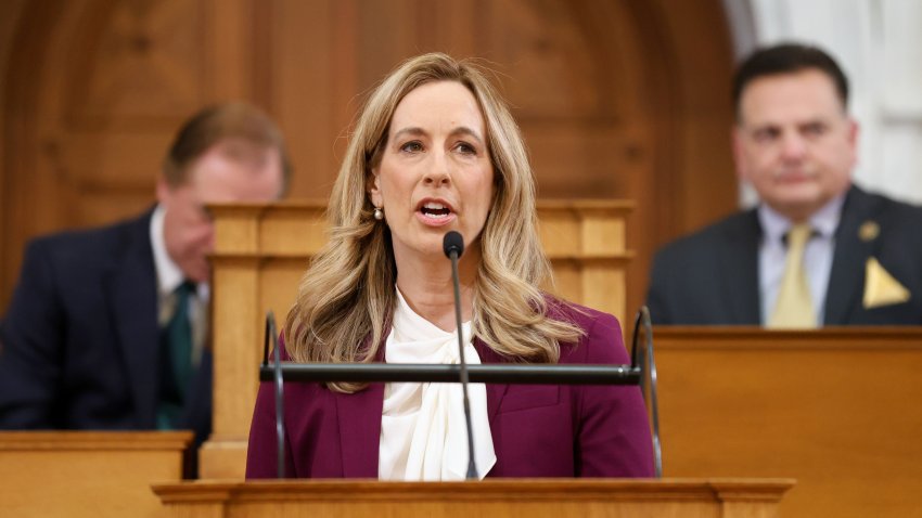 Mikie Sherrill, governor of New Jersey, speaks in the Assembly Chamber of the New Jersey State House in Trenton, New Jersey, US, on Tuesday, March 10, 2026. Sherrill said Tuesday she wants to scale back the state’s new property tax relief program for senior citizens to help close a $3 billion structural deficit, laying out a conservative spending plan in her first budget address since entering office in January. Photographer: Heather Khalifa/Bloomberg via Getty Images