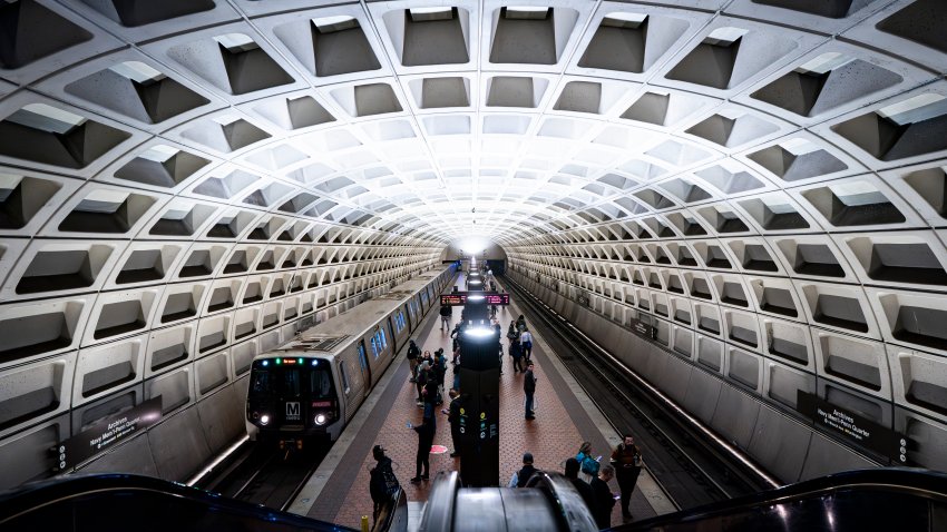 WASHINGTON, DC – MAY 14:  A Washington Metropolitan Area Transit Authority (WMATA) metro car arrives at the Archives-Navy Memorial-Penn Quarter station on May 14, 2026 in Washington, DC. (Photo by Al Drago/Getty Images)