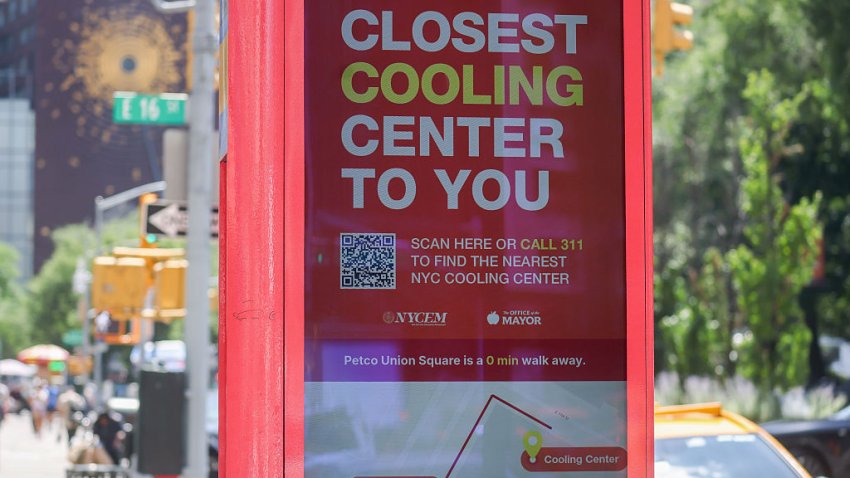 Cooling center signage on a LinkNYC kiosk during high temperatures in New York, US, on Thursday, July 2, 2026. Power prices from New York to Virginia are surging as sweltering heat threatens to overwhelm US grids and upend travel for the Independence Day holiday. Photographer: Michael Nagle/Bloomberg via Getty Images