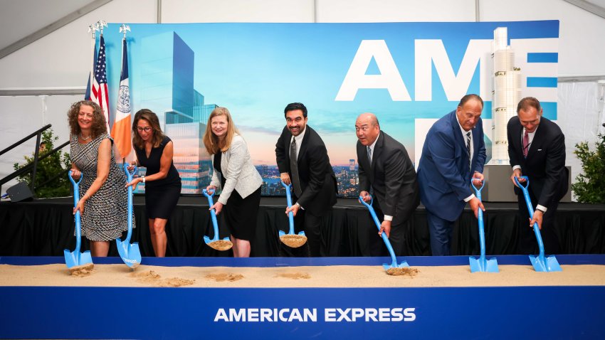 Denise Pickett, president of enterprise shared services at American Express Co., from left, Lisa Silverstein, chief executive officer of Silverstein Properties, Kathryn Garcia, executive director of the Port Authority of New York and New Jersey, Zohran Mamdani, mayor of New York, Kevin O’Toole, chairman of the Port Authority of New York and New Jersey, and Gary LaBarbera, president of the Building and Construction Trades Council of Greater New York, during a groundbreaking ceremony for 2 World Trade Center in New York, US, on Thursday, July 9, 2026. American Express and Silverstein Properties held a groundbreaking ceremony on Thursday for 2 World Trade Center, which upon completion is expected to be a 55-story, 1,226-foot skyscraper that will serve as the company’s new global headquarters. Photographer: Michael Nagle/Bloomberg via Getty Images