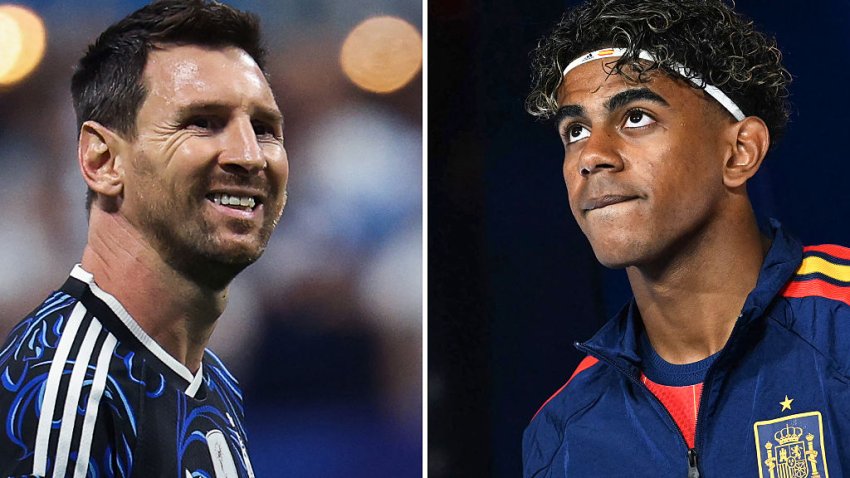 (COMBO) This combination of file photos created on July 16, 2026, shows Argentina’s forward #10 Lionel Messi in Atlanta on July 15, 2026 (L); and Spain’s forward #19 Lamine Yamal in Atlanta on June 21, 2026. Spain and Argentina will meet in the 2026 World Cup football tournament final match at the New York/New Jersey Stadium in East Rutherford on July 19, 2026. (Photo by Odd ANDERSEN and Roberto SCHMIDT / AFP via Getty Images)