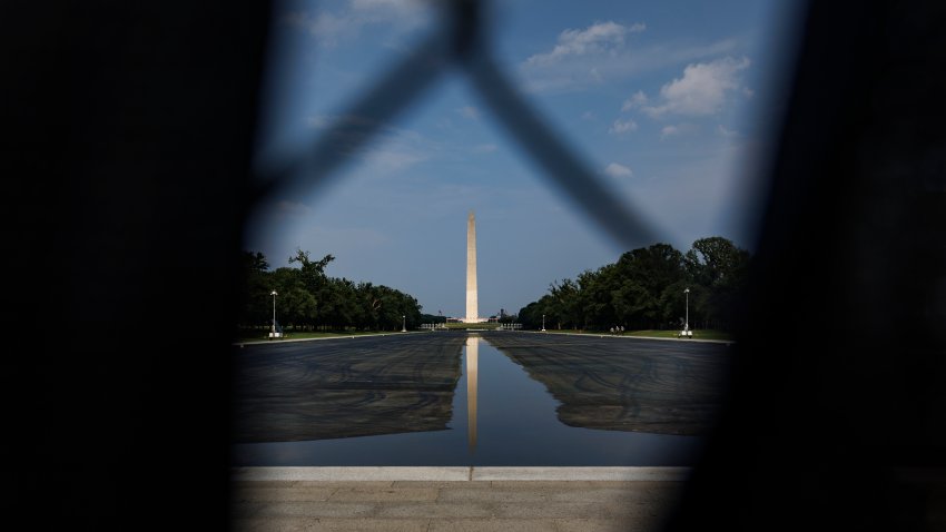 WASHINGTON, DC – JULY 19: The Reflecting Pool near the Lincoln Memorial on the National Mall on July 19, 2026 in Washington, DC. Trump ordered the pool to be drained for repairs, after the project has faced a series of setbacks, including alleged vandalism. (Photo by Tom Brenner/Getty Images)