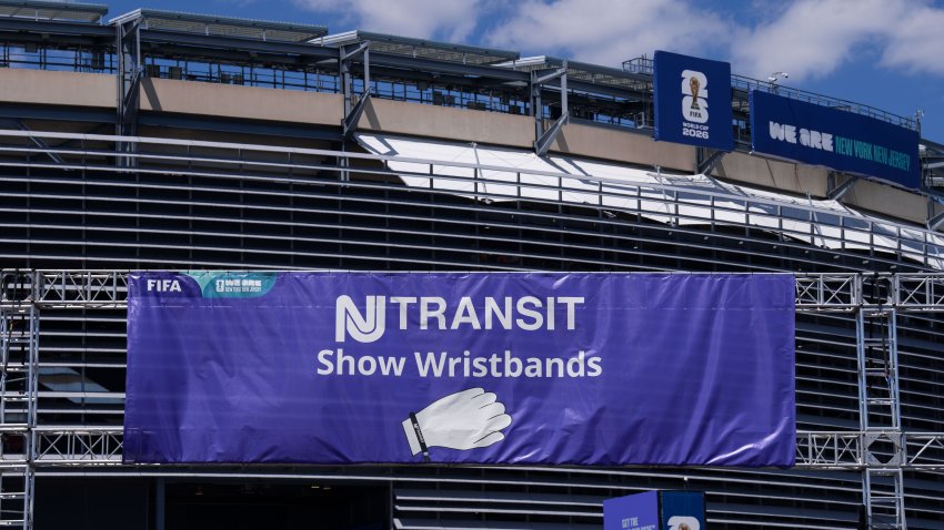 EAST RUTHERFORD, NEW JERSEY – JUNE 13: A NJ Transit wristband sign outside MetLife Stadium on June 13, 2026 in East Rutherford, New Jersey. New York and New Jersey’s transportation system will face a major test Saturday as New Jersey’s FIFA World Cup schedule begins at MetLife Stadium with Brazil against Morocco. Nearly 80,000 fans will be travelling on NJ Transit trains, shuttle buses, and thousands of Uber and Lyft rides to and from the venue.