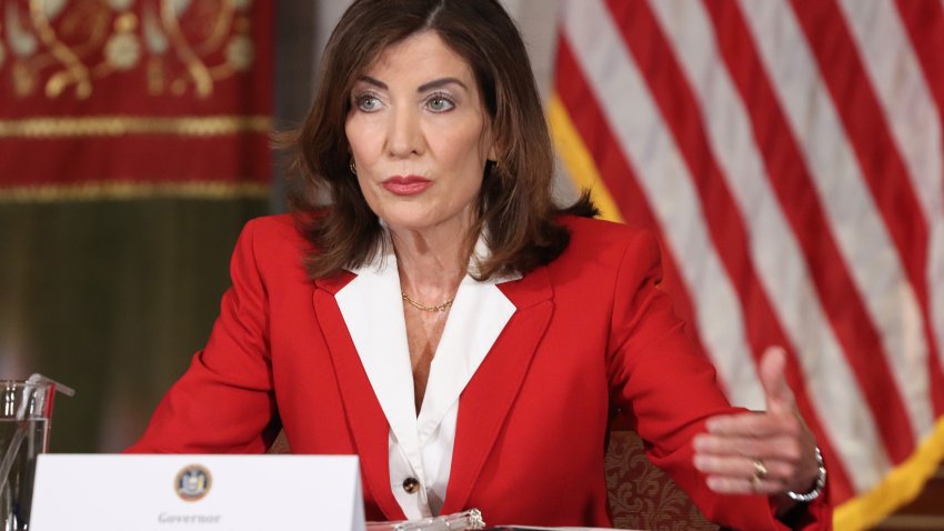 ALBANY, NY – JULY 15: Gov. Kathy Hochul speaks during a roundtable discussion regarding her recent executive order establishing a moratorium on data centers in the state. (Alexander MacDougall/Albany Times Union via Getty Images)