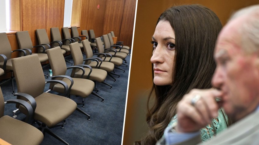 At left, the Plymouth Superior Court jury box on Tuesday, Aug. 25, 2026. At right, Lindsay Clancy watches jurors as they enter the courtroom to start their second day of deliberations on Friday, Aug. 28, in Plymouth Superior Court.